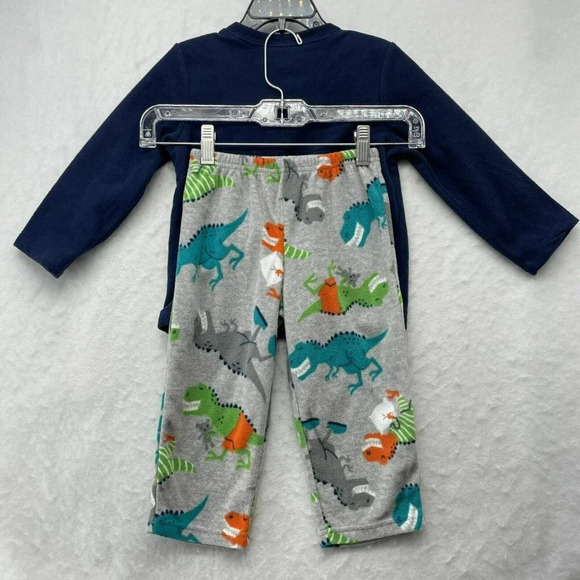 Carter's Pajama Set Toddler 2T Blue Gray  Dinosaur Long Sleeves Fleece Pullover - Picture 2 of 7